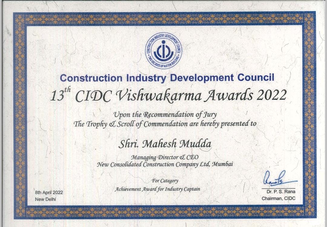 CIDC Vishwakarma Awards 2022 - Achievement Award for Industry captain to Mr Mahesh Mudda