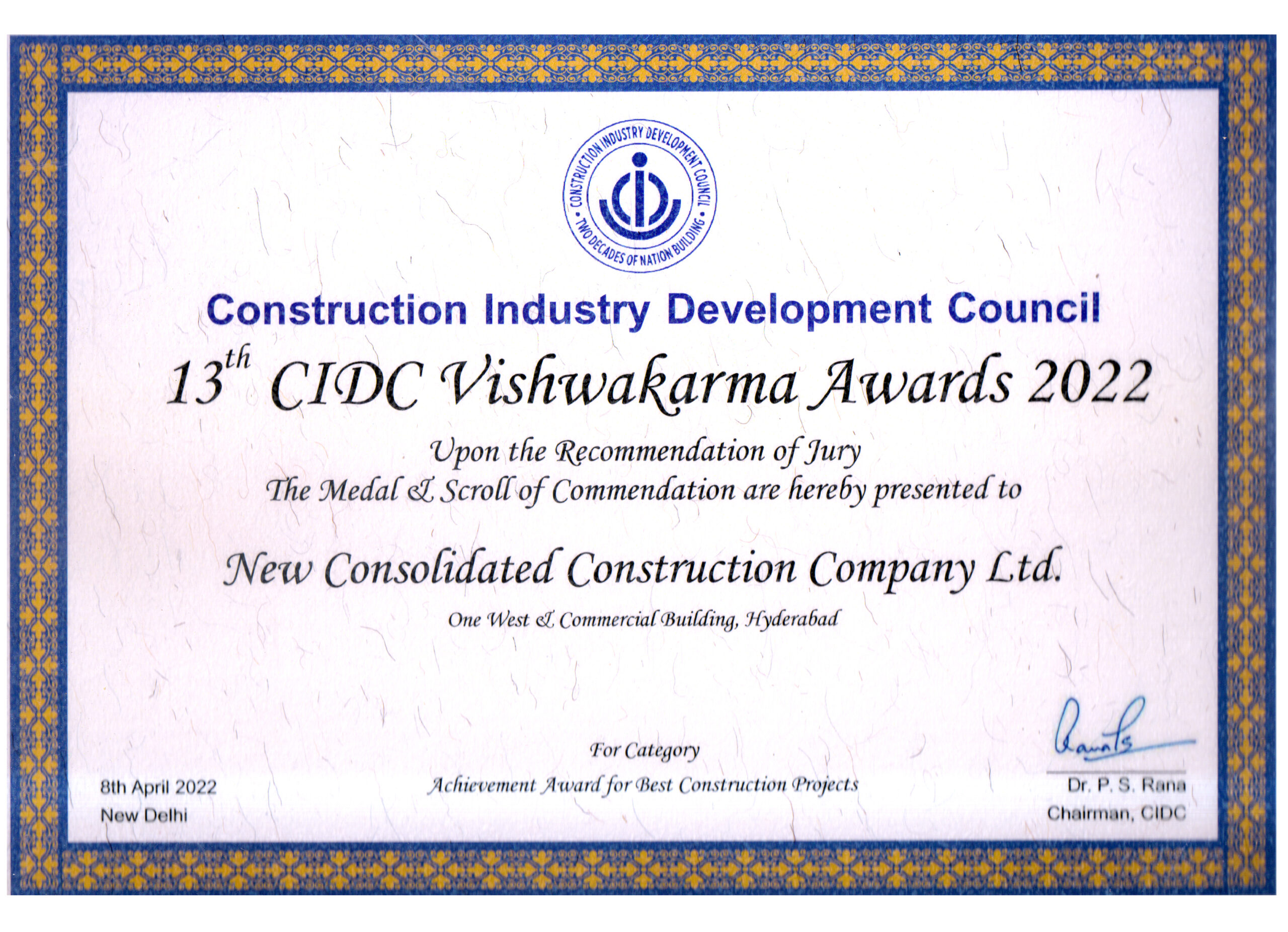 CIDC Vishwakarma Awards 2022 - NCCCL - One West Commercial Project, Hyderabad